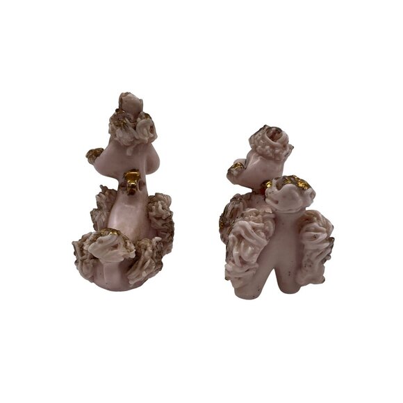 Vintage Pink Spaghetti Poodle Figurine Pair Gold Trim Mid-Century Japan - Picture 5 of 6